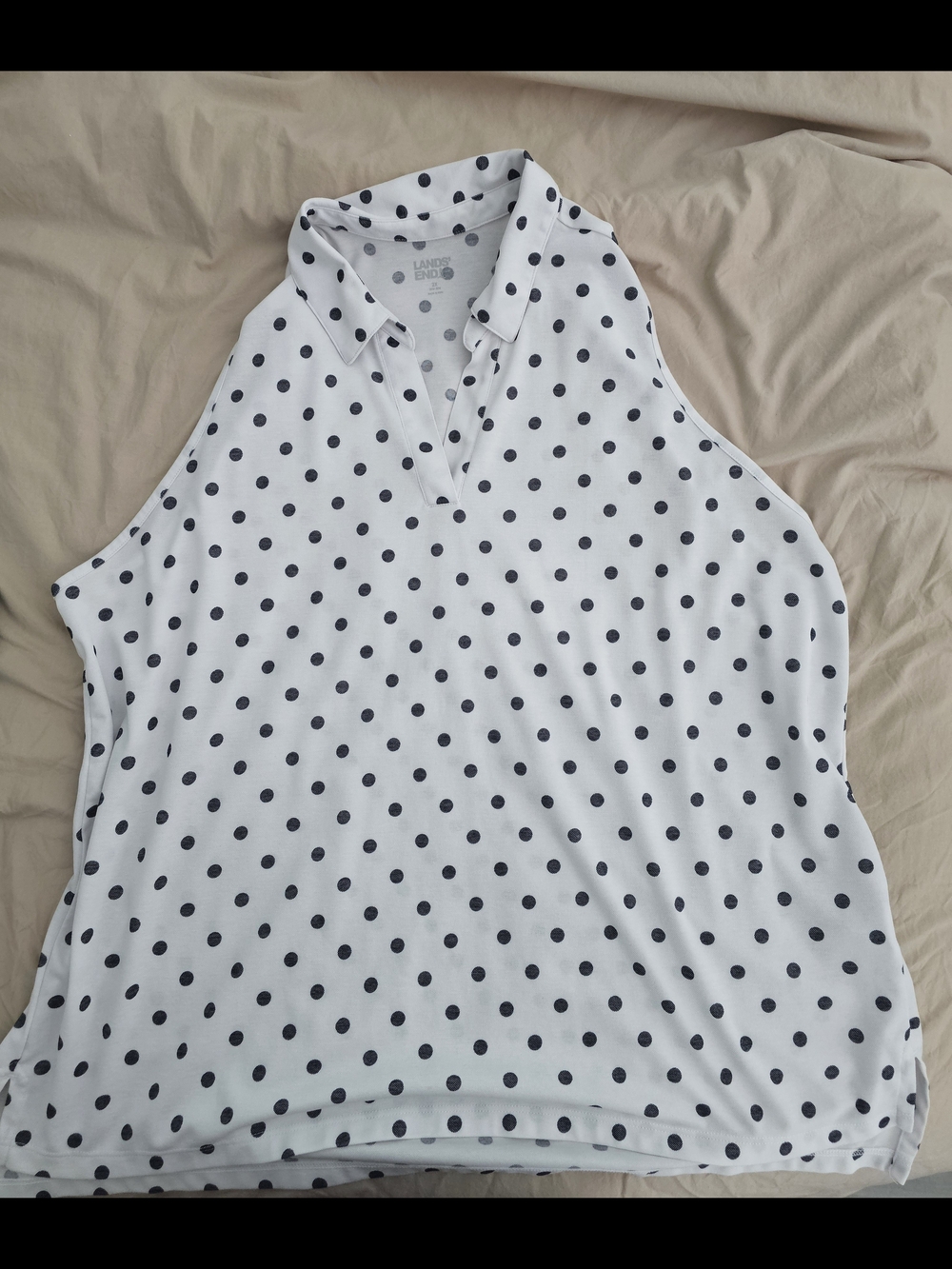 Lands' End White Sleeveless Polo with Black Polka Dots